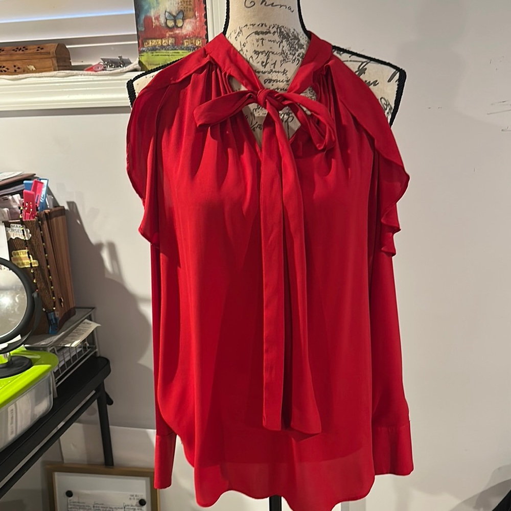 Ann Taylor Red Tie Front Ruffled Blouse